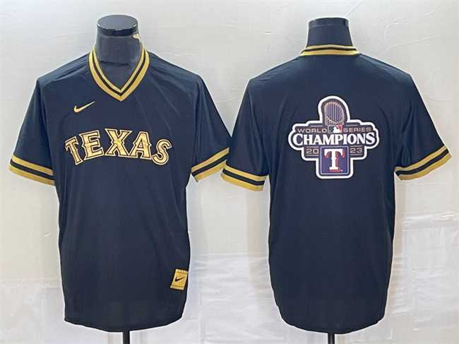 Men%27s Texas Rangers Black 2023 World Series Champions Big Logo Cool Base Stitched Baseball Jersey
